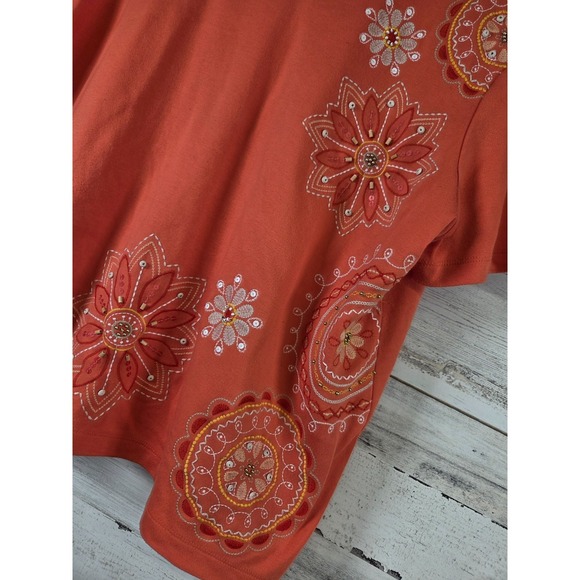 Alfred Dunner Womens XL Orange Short Sleeve Top Embroidered Floral Keyhole Neck - Picture 6 of 9
